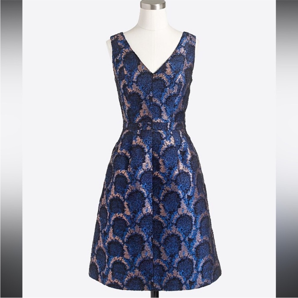 J. Crew Blue, Black, & Gold Jacquard Peacock Mini Dress